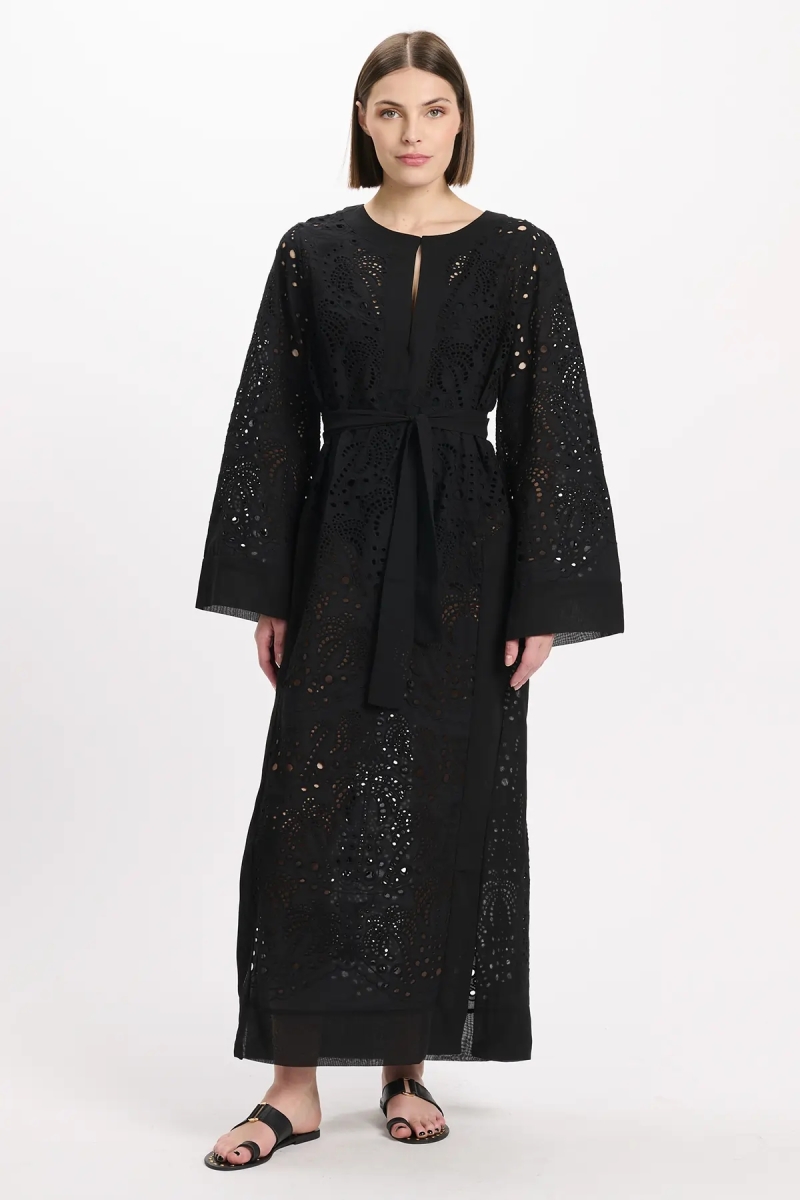 Vestido Penny – Vestido longo com mangas compridas e cinto, em algodão com bordados e laços, 100 % algodão – Miss June Paris - 3