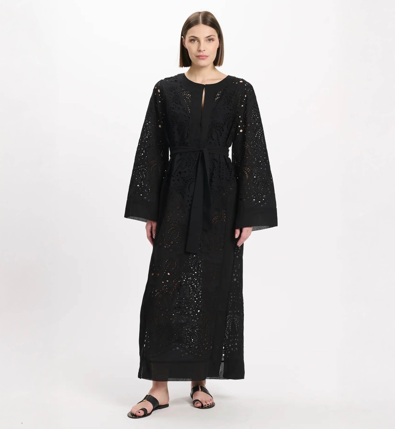 Kleid Penny Langärmliges langes Kleid mit Gürtel, 100 % Baumwolle mit Spitzenstickerei – Miss June Paris – 3