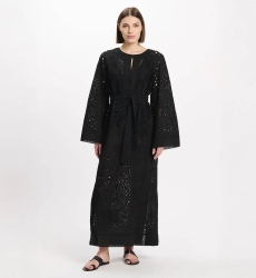 Kleid Penny Langärmliges langes Kleid mit Gürtel, 100 % Baumwolle mit Spitzenstickerei – Miss June Paris – 3