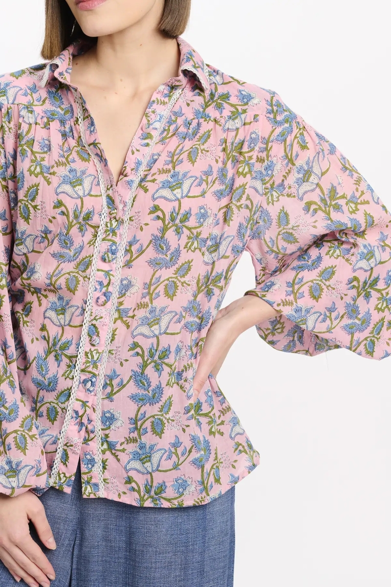 Camisa Azalee – Camisa de manga larga, de algodón estampado con cordones, 100 % algodón – Miss June Paris - 3