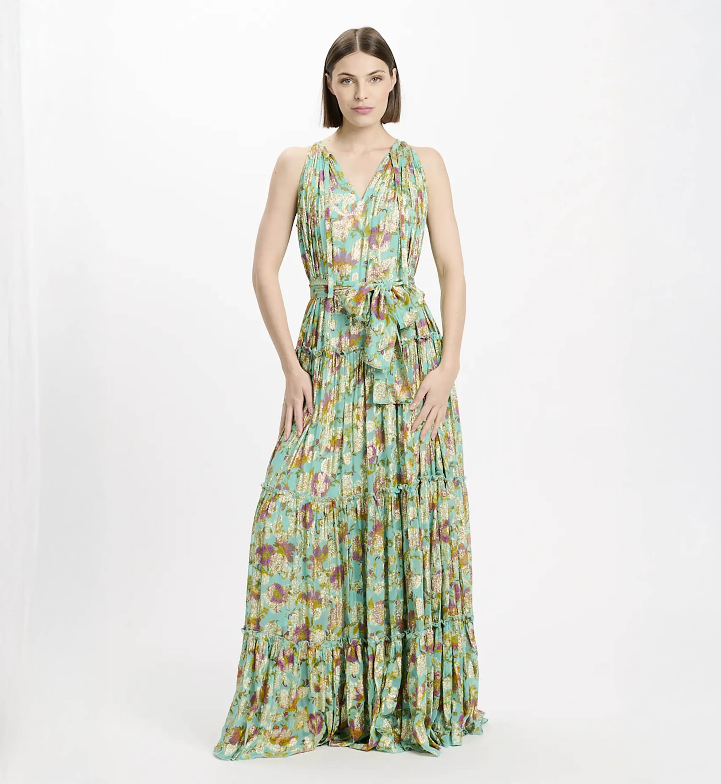 Vestido largo Chelsea 100 % rayón de lurex aqua sin mangas con cinturón a juego y forro – Miss June Paris – 2