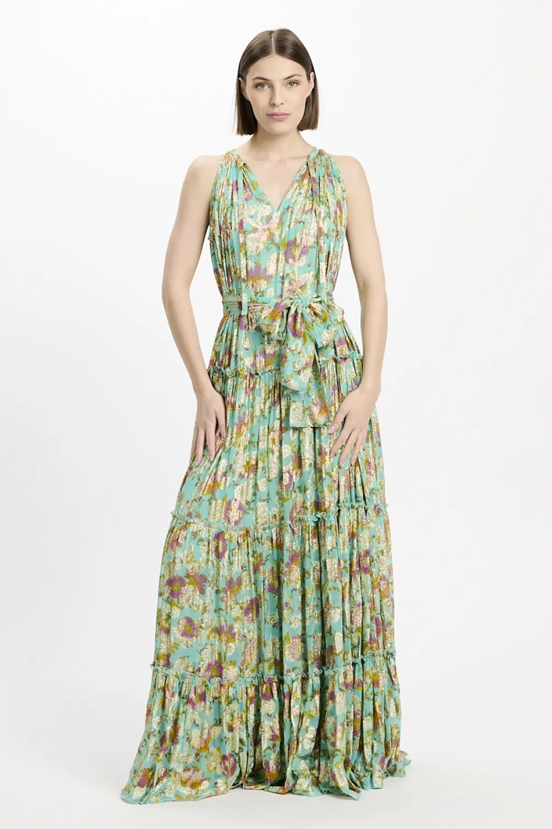 Chelsea long dress 100% rayon in aqua lurex, sleeveless with matching belt and lining – Miss June Paris – 2