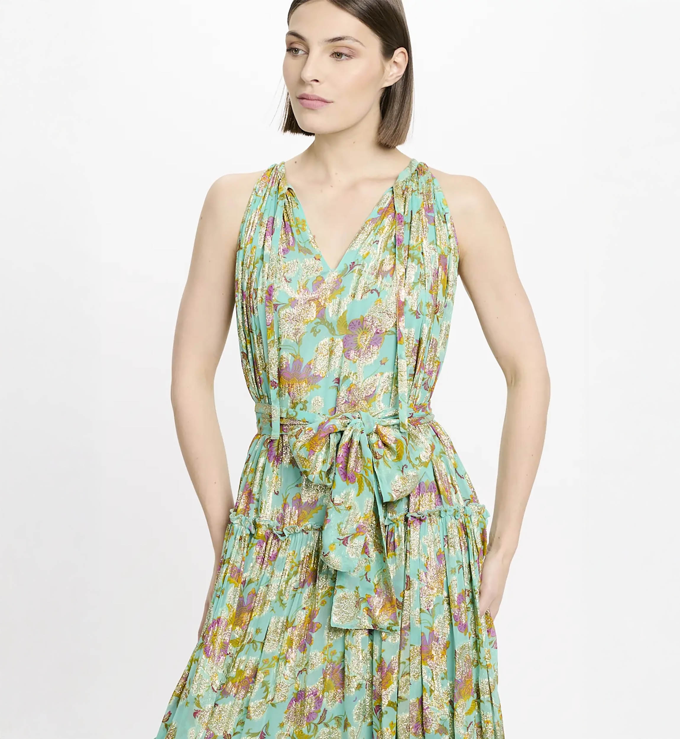 Abito lungo Chelsea 100 % rayon in lurex acqua senza maniche con cintura abbinata e fodera – Miss June Paris – 3