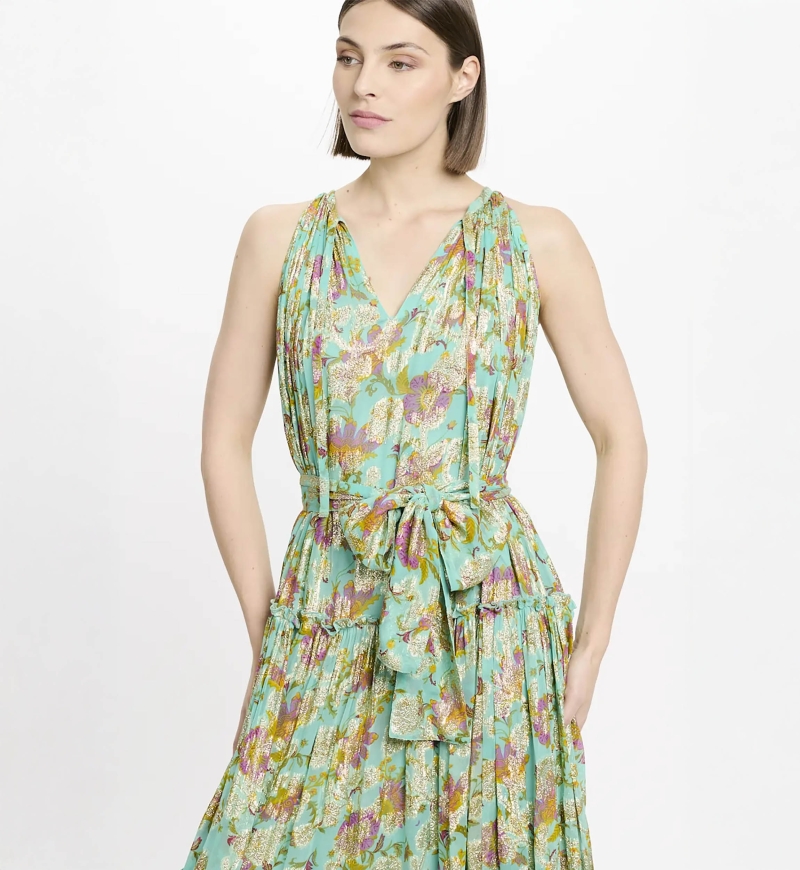 Chelsea Maxikleid aus 100 % Viskose in aqua Lurex, ärmellos mit passendem Gürtel und Futter – Miss June Paris – 3