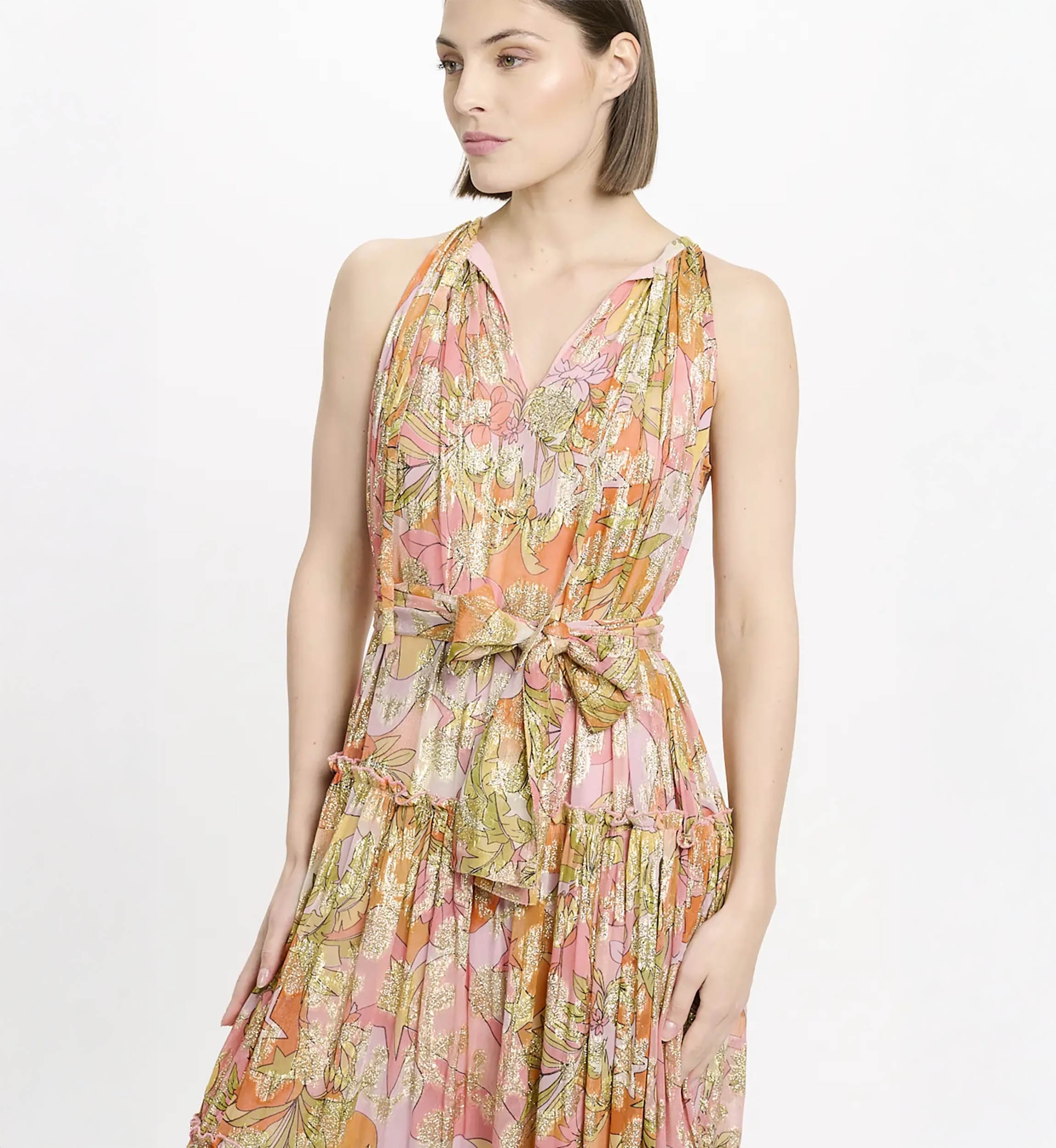 Brooke Kleid – Langes rosa Kleid aus Viskose-Lurex mit passendem Gürtel und Futter, 100 % Viskose – Miss June Paris