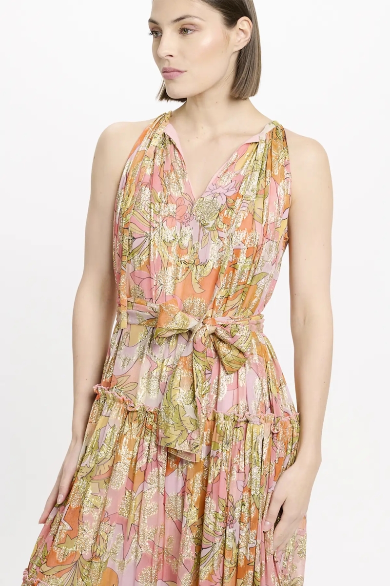 Brooke Kleid – Langes rosa Kleid aus Viskose-Lurex mit passendem Gürtel und Futter, 100 % Viskose – Miss June Paris
