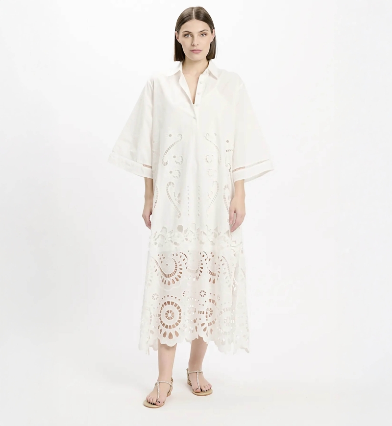 Dress Adria Long Sleeves Long with inner, 100% cotton with laces embroidery - Miss June Paris - 5
