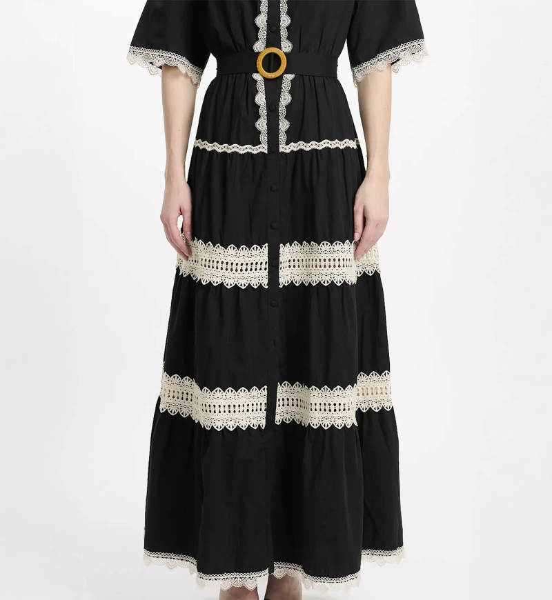 Vestido Betty – Vestido longo com mangas curtas e cinto, em algodão com bordados e laços, 100 % algodão – Miss June Paris - 9