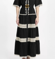 Betty Kleid – Langes Kleid mit kurzen Ärmeln und Gürtel, 100 % Baumwolle mit Spitzenstickerei – 9