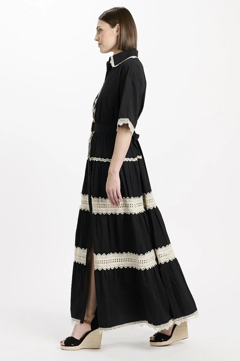 Robe Betty – Robe longue à manches courtes avec ceinture, en coton avec broderies et lacets, 100 % coton – Miss June Paris - 7
