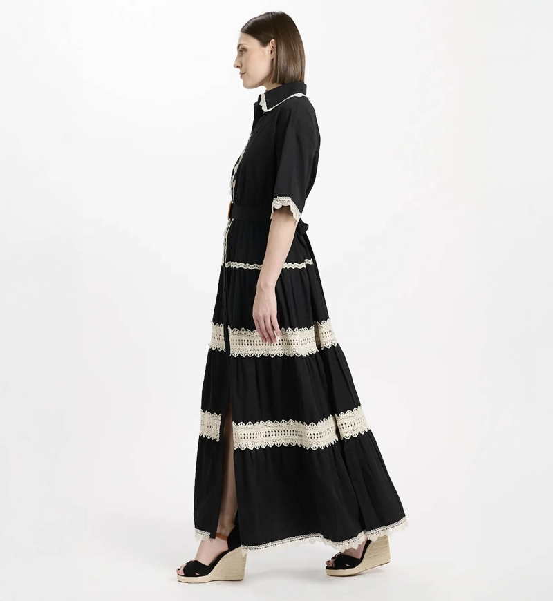 Betty Kleid – Langes Kleid mit kurzen Ärmeln und Gürtel, 100 % Baumwolle mit Spitzenstickerei – 7