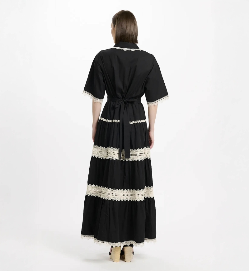 Vestido Betty – Vestido longo com mangas curtas e cinto, em algodão com bordados e laços, 100 % algodão – Miss June Paris - 11