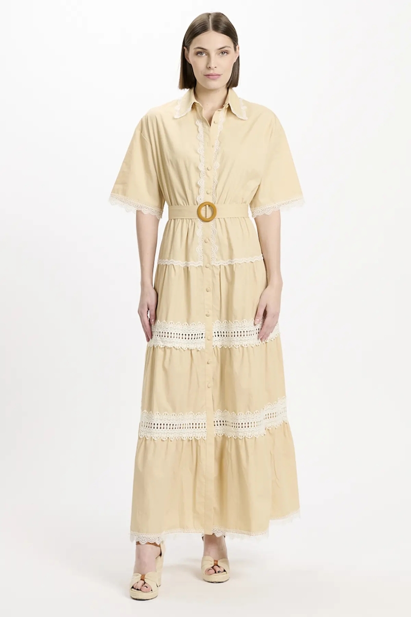 Vestido Betty – Vestido longo com mangas curtas e cinto, em algodão com bordados e laços, 100 % algodão – Miss June Paris - 4
