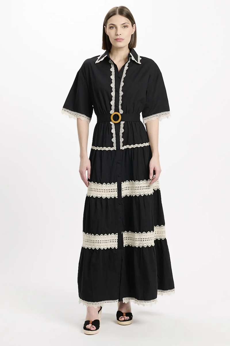 Robe Betty – Robe longue à manches courtes avec ceinture, en coton avec broderies et lacets, 100 % coton – Miss June Paris - 5