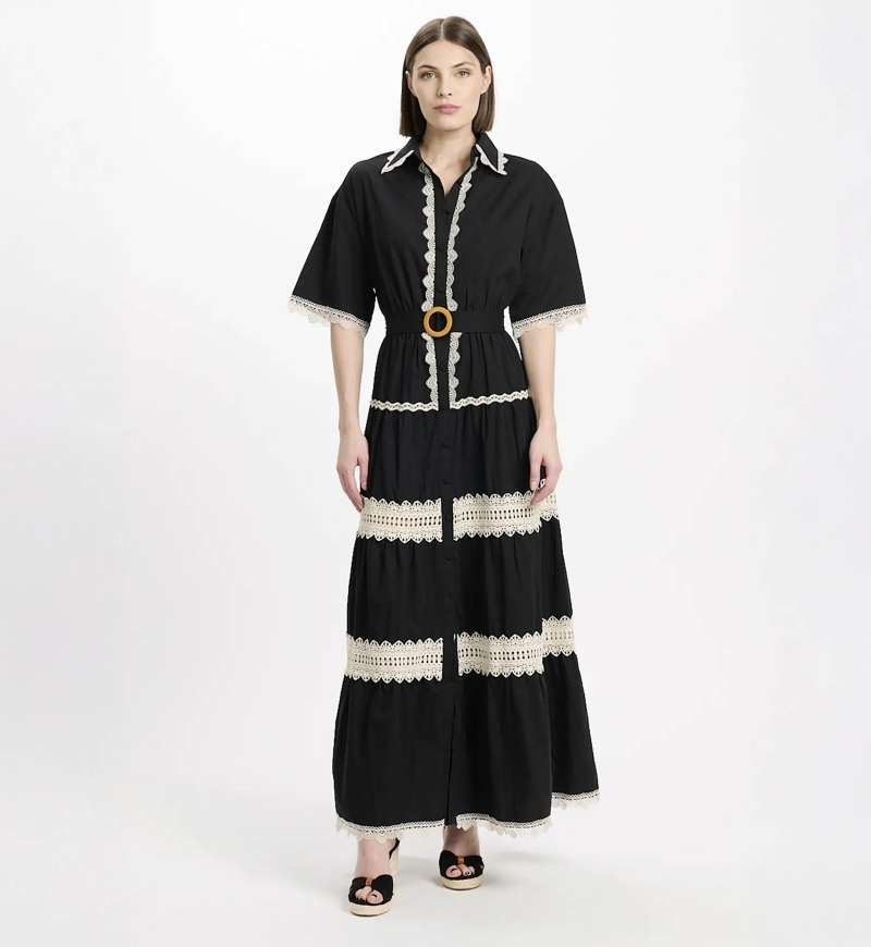 Vestido Betty – Vestido longo com mangas curtas e cinto, em algodão com bordados e laços, 100 % algodão – Miss June Paris - 5