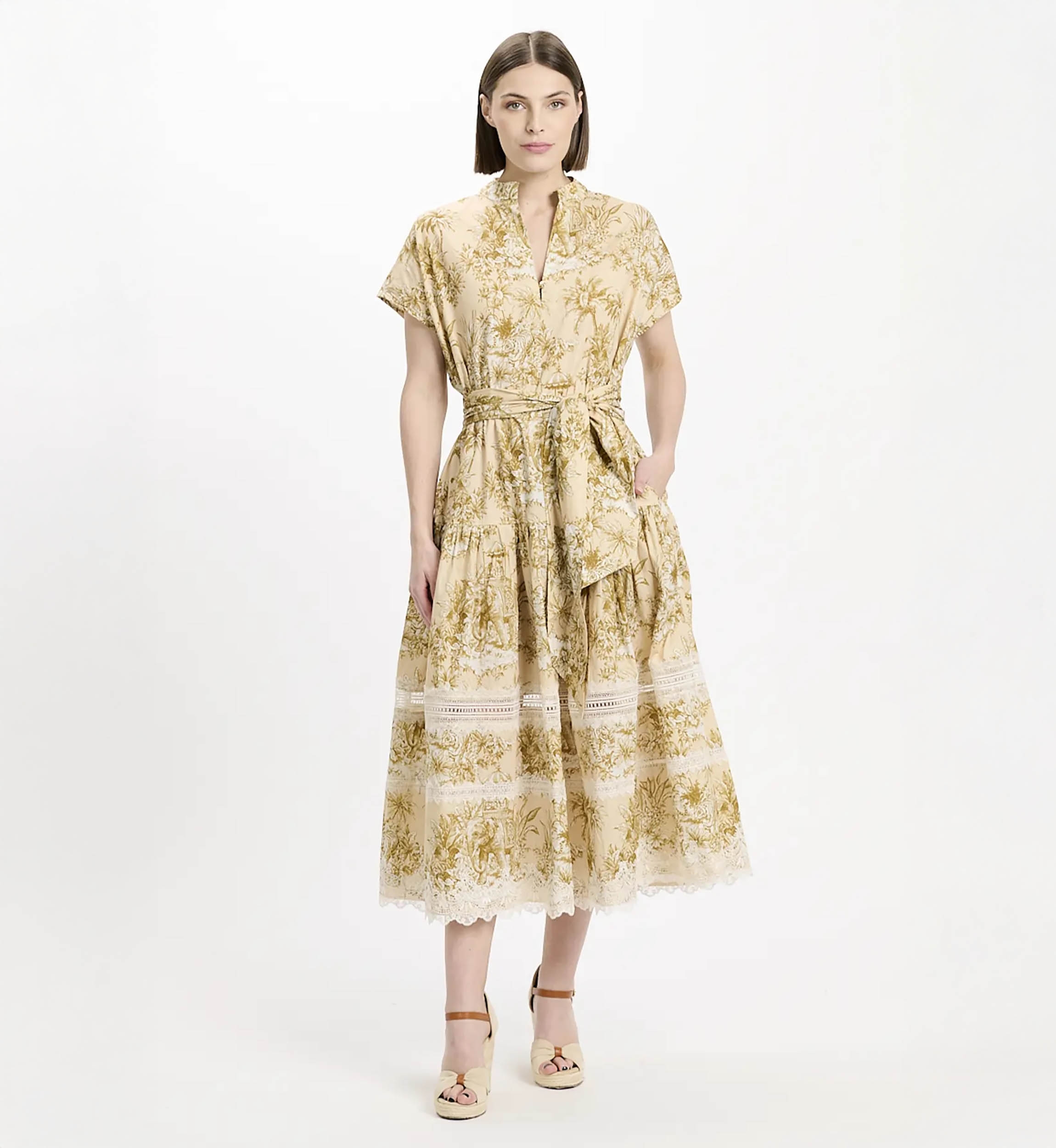 Dress Brita Short Sleeves Midi Dress with matching belt, 100% cotton with laces - 2