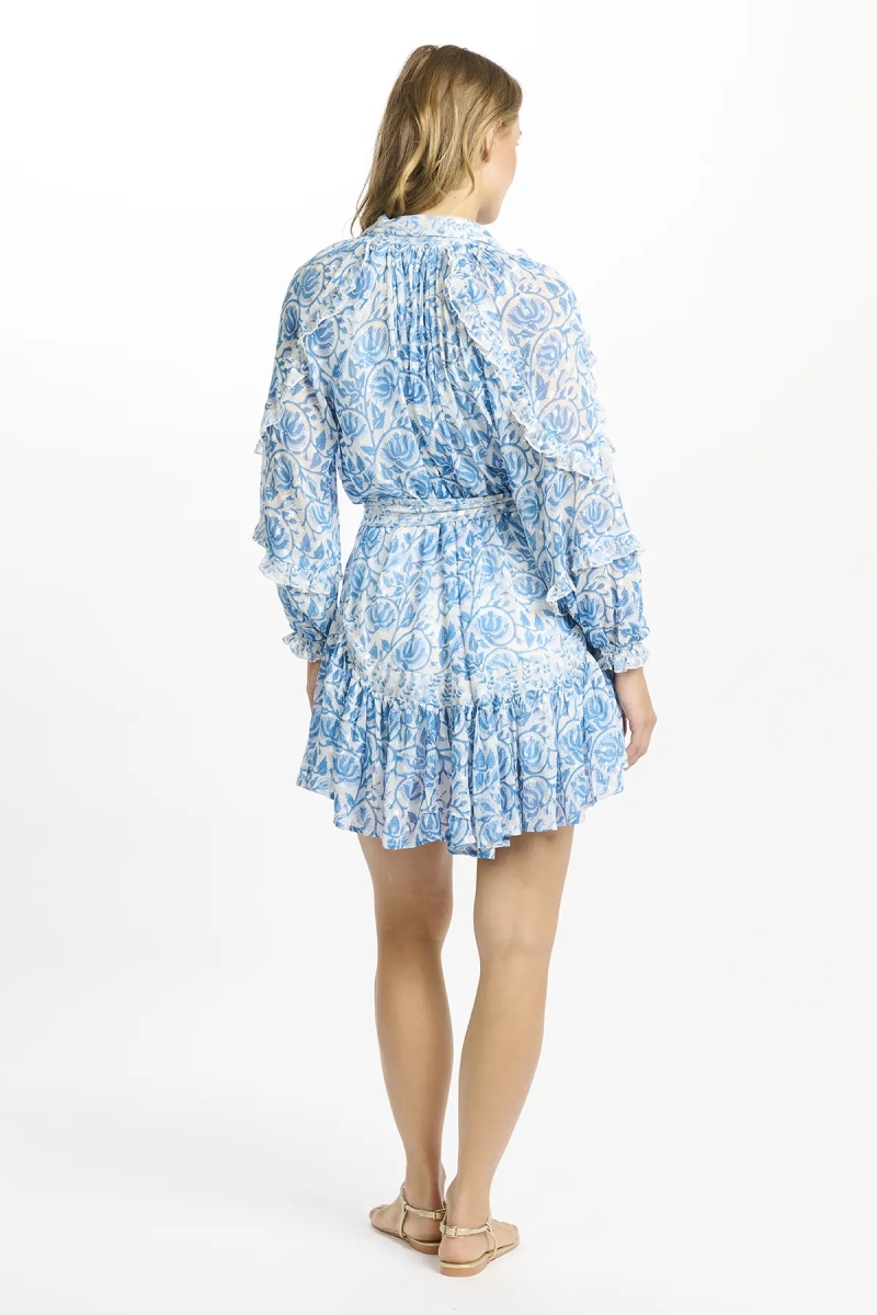 Babeth dress – Short blue dress with long sleeves, matching belt and lining, 100% rayon – Miss June Paris - 5