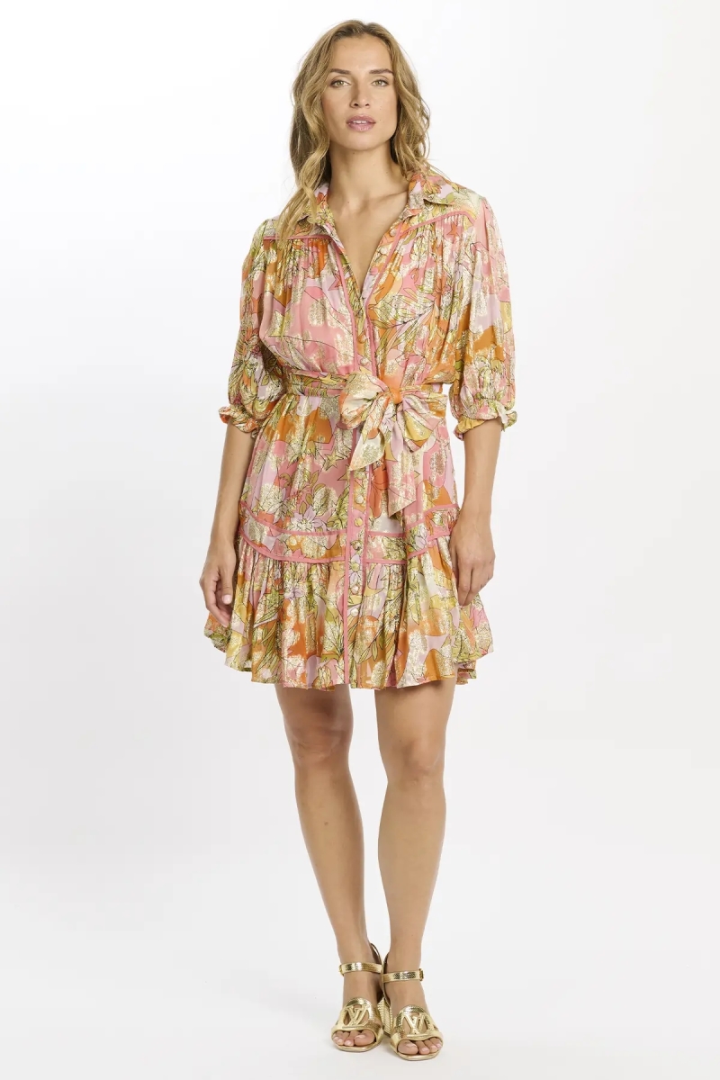 Dress Cyra Short Dress+3/4 Sleeves+belt - pink - Miss June Paris -2