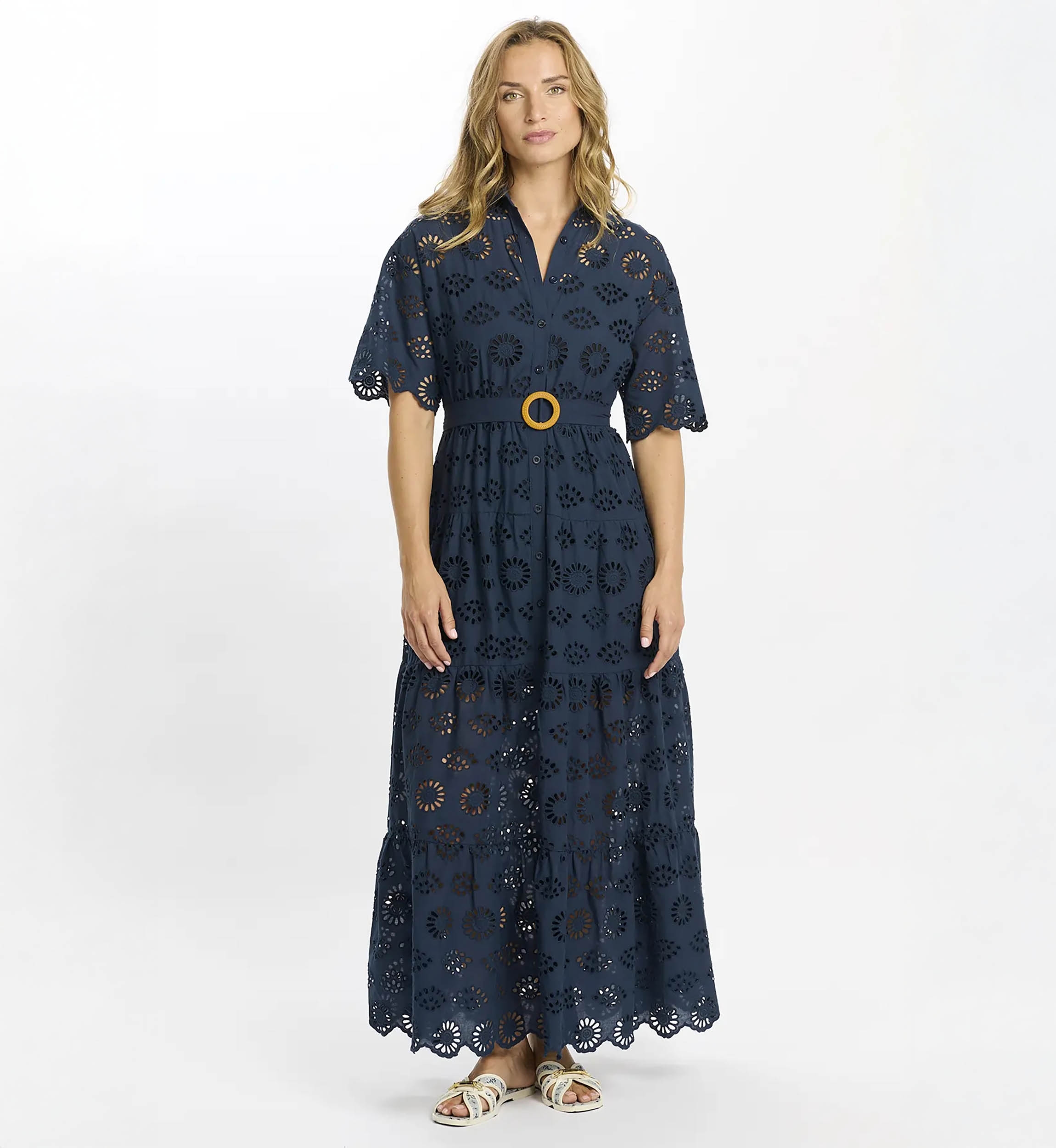 Apoline Kleid – Langes Kleid mit kurzen Ärmeln und Gürtel, 100 % Baumwolle mit Spitze – Miss June Paris – 3