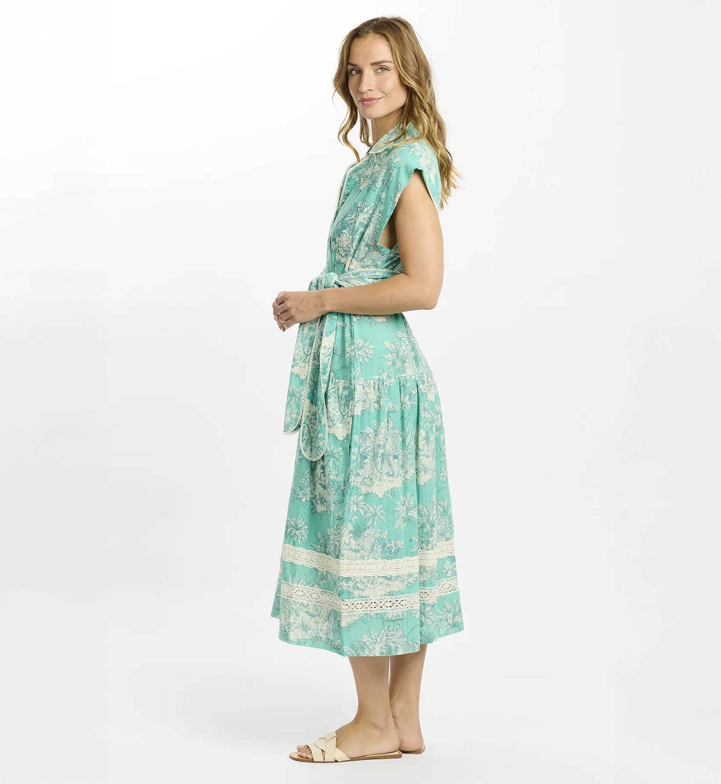Avani Long Dress – Robe mi-longue aqua avec doublure et ceinture, 100% en coton flammé imprimé - Miss June Paris  - 4