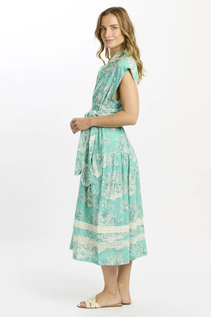 Avani Long Dress – Robe mi-longue aqua avec doublure et ceinture, 100% en coton flammé imprimé - Miss June Paris  - 4