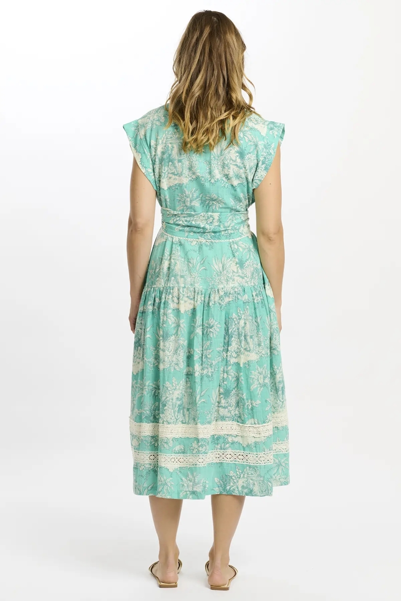 Abito Avani lungo – Abito midi color acqua con fodera e cintura, 100 % cotone fiammato stampato – Miss June Paris - 5