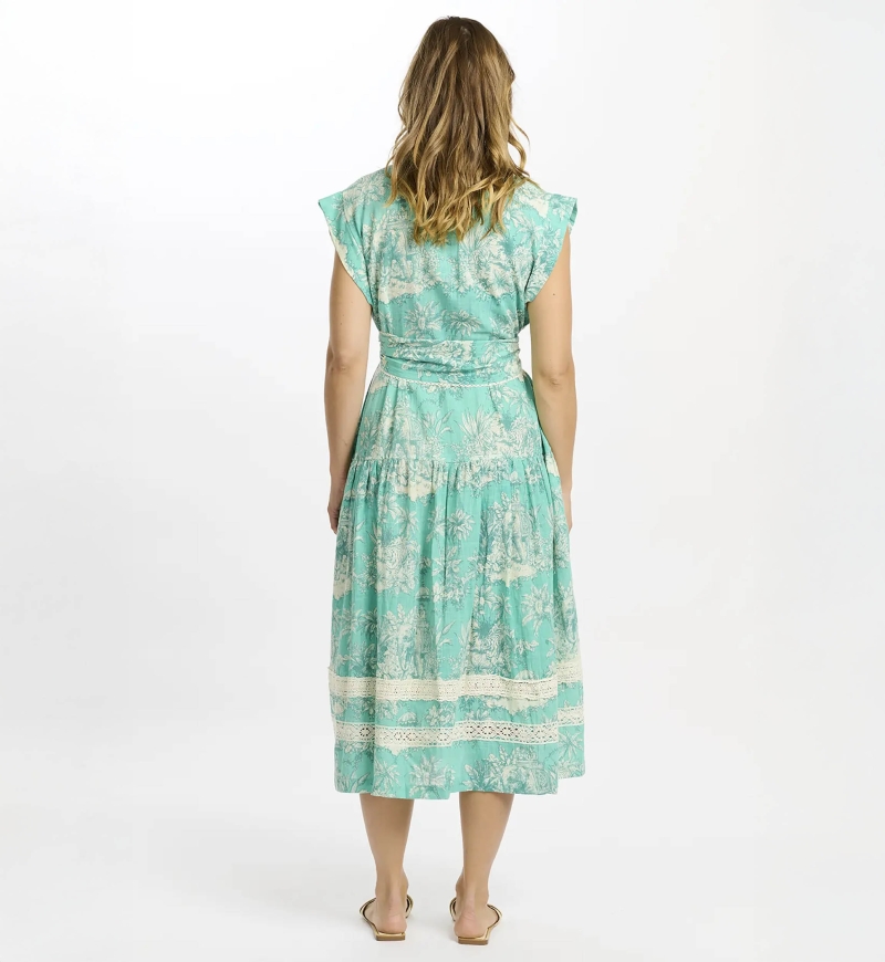 Avani langes Kleid – Midikleid in Aqua mit Futter und Gürtel, 100 % bedruckter Slub-Baumwolle – Miss June Paris - 5