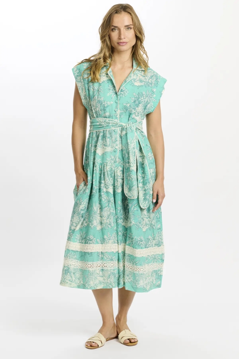 Avani langes Kleid – Midikleid in Aqua mit Futter und Gürtel, 100 % bedruckter Slub-Baumwolle – Miss June Paris - 2