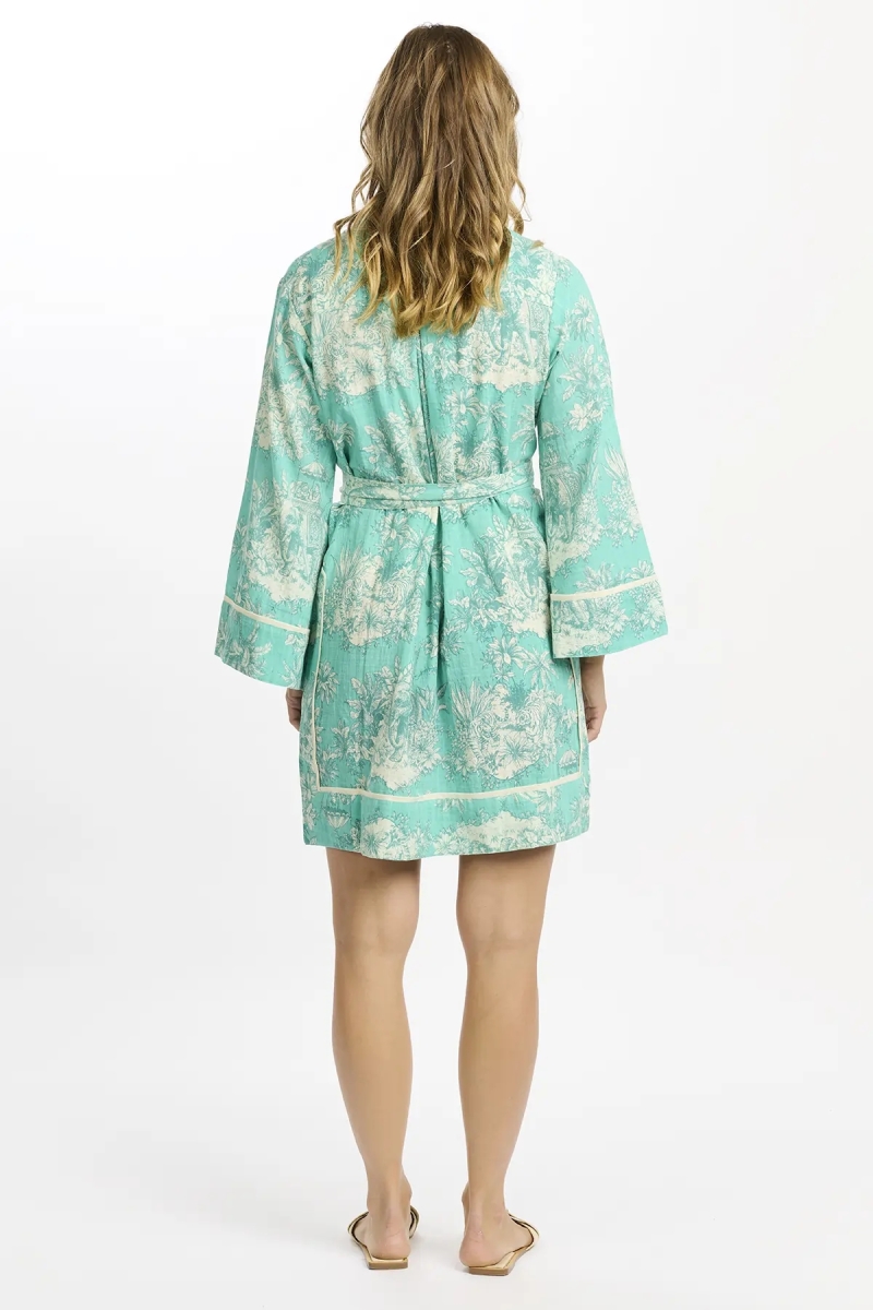 Callista kurzes Kleid – Kurzes aqua Kleid mit langen Ärmeln und Gürtel, 100 % bedruckter Slub-Baumwolle – Miss June Paris - 5