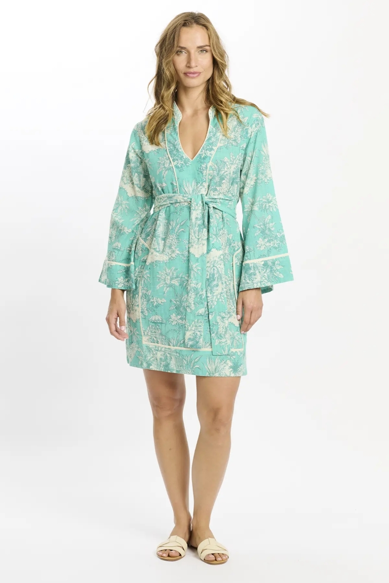 Callista Short Dress - Robe courte Aqua manches longues avec ceinture , 100% coton slub imprimé - Miss June Paris - 2