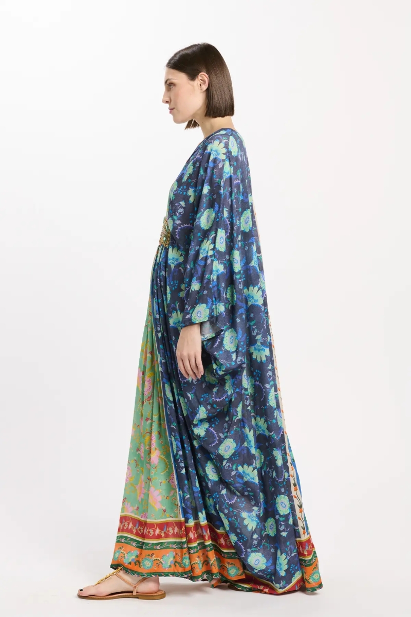 Kleid Bahya mit schmalen Trägern, lang, 100 % Modal, bedruckt mit Stickerei und Gürtel innen – Miss June Paris - 5