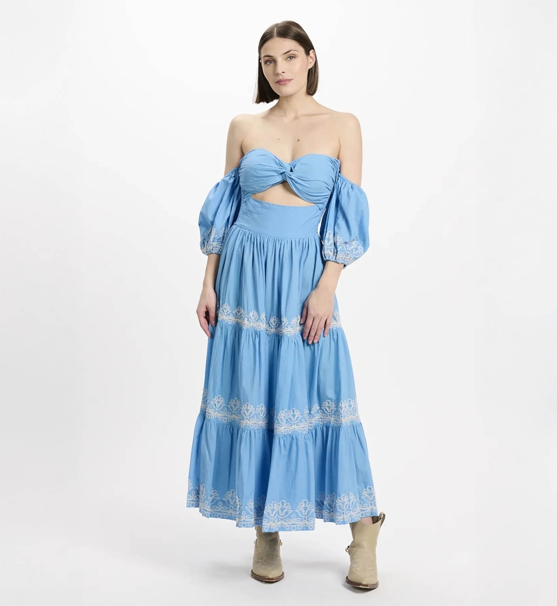 Vestido Oxane – Vestido largo de manga corta, 100 % algodón con bordados – Miss June Paris - 4