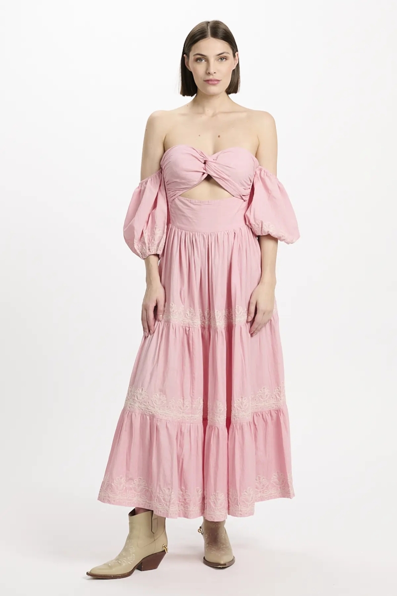 Robe Oxane – Robe longue à manches courtes, 100 % coton avec broderies – Miss June Paris - 8