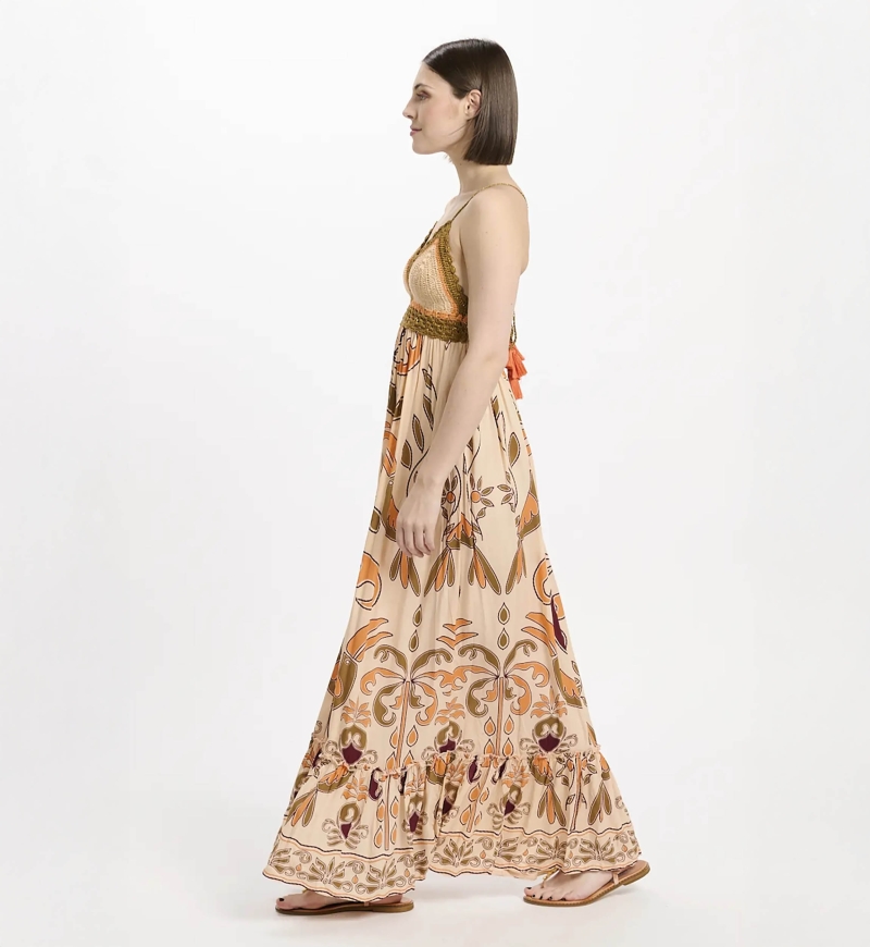 Robe Quennie – Robe longue à fines bretelles, en modal imprimé avec crochet en coton, 100 % modal – Miss June Paris - 5