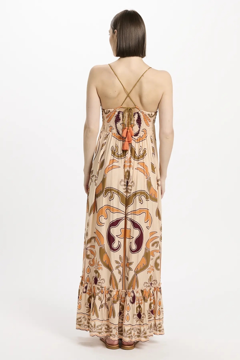 Dress Quennie Thin Straps Long, 100% modal printed with cotton crochet - Miss June Paris - 4