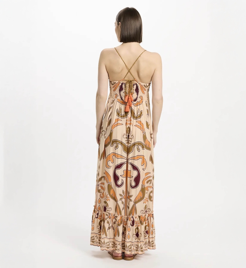 Vestido Quennie – Vestido longo com alças finas, em modal estampado com crochê de algodão, 100 % modal – Miss June Paris - 4