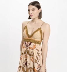 Vestido Quennie – Vestido longo com alças finas, em modal estampado com crochê de algodão, 100 % modal – Miss June Paris - 3