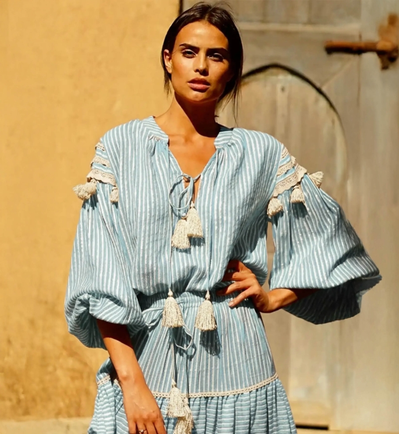 blouse LYLLA - bleue ou rouge - Coton/Lurex - manche longue - bohème - Miss June Paris