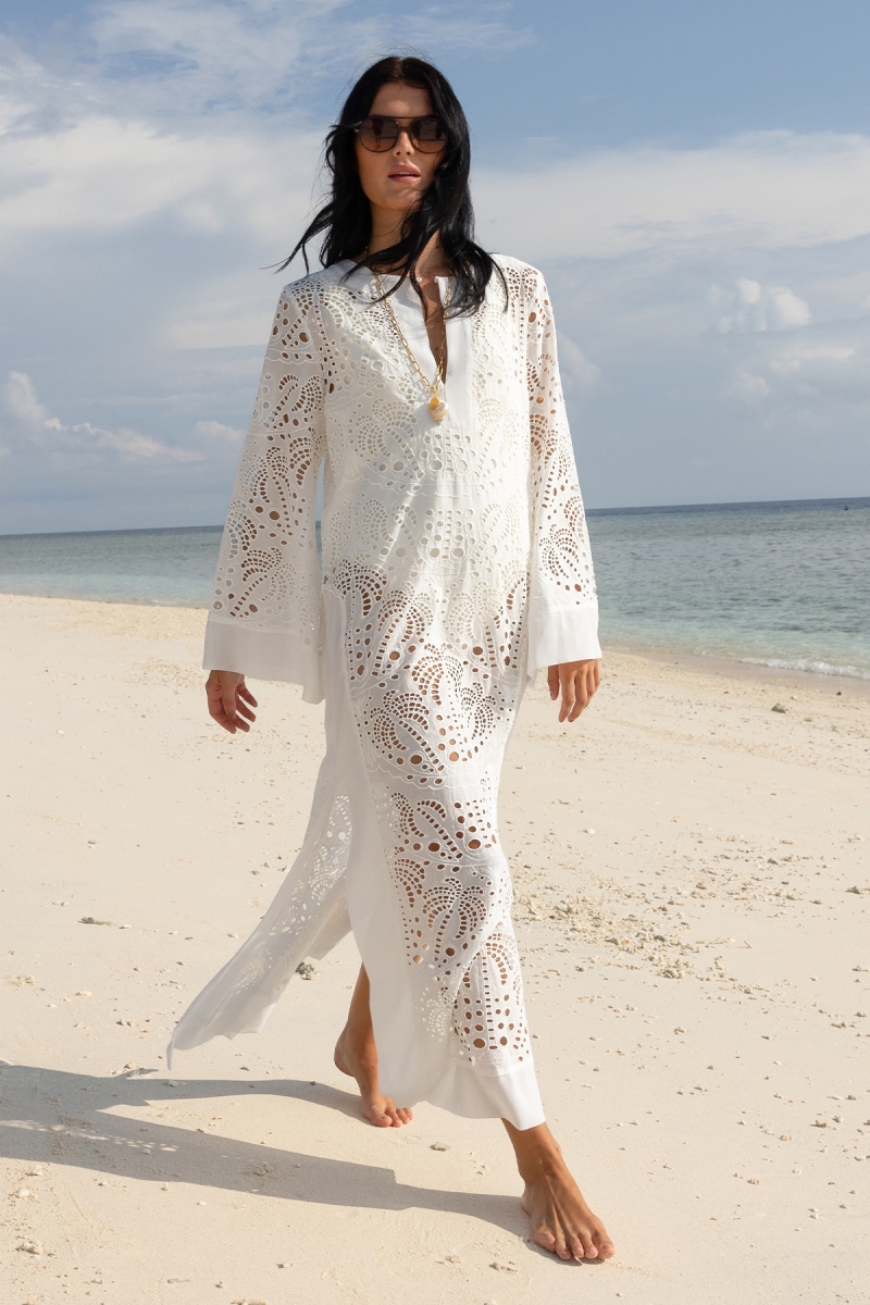 Langes Kleid Amara - weiß - 100% Polyester-Crêpe - Palmenmuster - Miss June Paris - 1