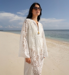 Vestido longo Amara - branco - 100% crepe de poliéster - estampado de palmeiras - Miss June Paris - 2