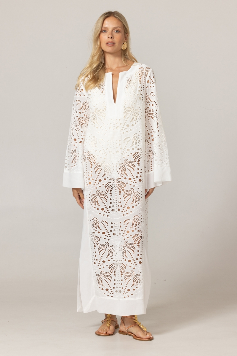 Langes Kleid Amara - weiß - 100% Polyester-Crêpe - Palmenmuster - Miss June Paris - 3