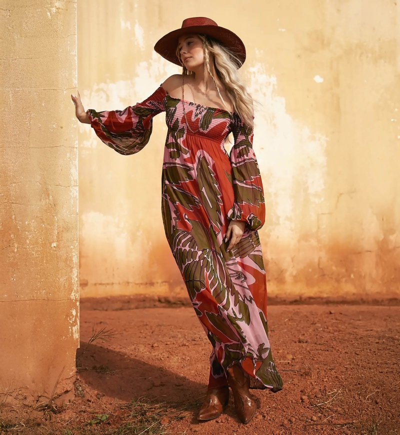 Robe Olympe à manches longues et épaules dénudées avec doublure, 100 % rayonne georgette - Miss June Paris