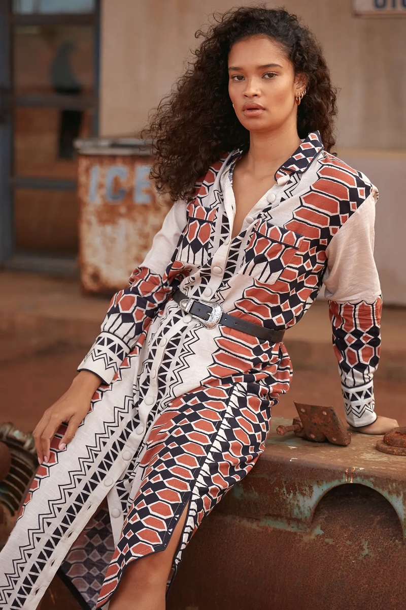 long sleeve geometric dress Women's Spring/Summer Dress, Long Sleeve Collared Geometric Pattern Shirt  Dress, Suitable For Commuting, Everyday Wear, Outdoor Activities, Teacher  Dress, Back To School Season, Soft Woven Fabric