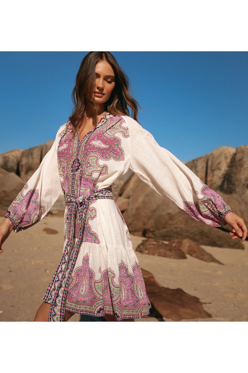 Robe Isabella Robe courte à manches longues + ceinture assortie, 100% coton imprimé slub - Miss June Paris - 2