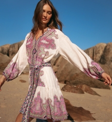 Robe Isabella Robe courte à manches longues + ceinture assortie, 100% coton imprimé slub - Miss June Paris - 2