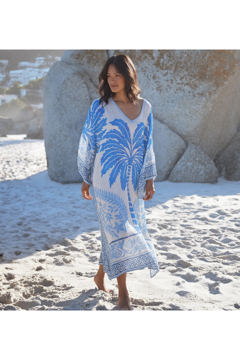 Rhoda Kaftan – Langärmeliger Kaftan aus bedrucktem Modal mit Stickereien, 100 % Modal – Miss June Paris