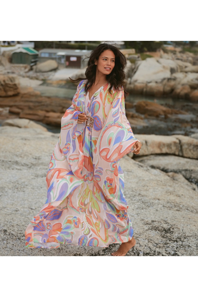 Varda Kaftan – Langärmeliger langer Kaftan mit innerem Gürtel, 100 % Rayon-Stickerei – Miss June Paris