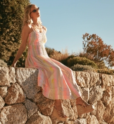 Vestido Perla – Vestido longo de alças finas em rayon estampado com lurex, 100% rayon – Miss June Paris