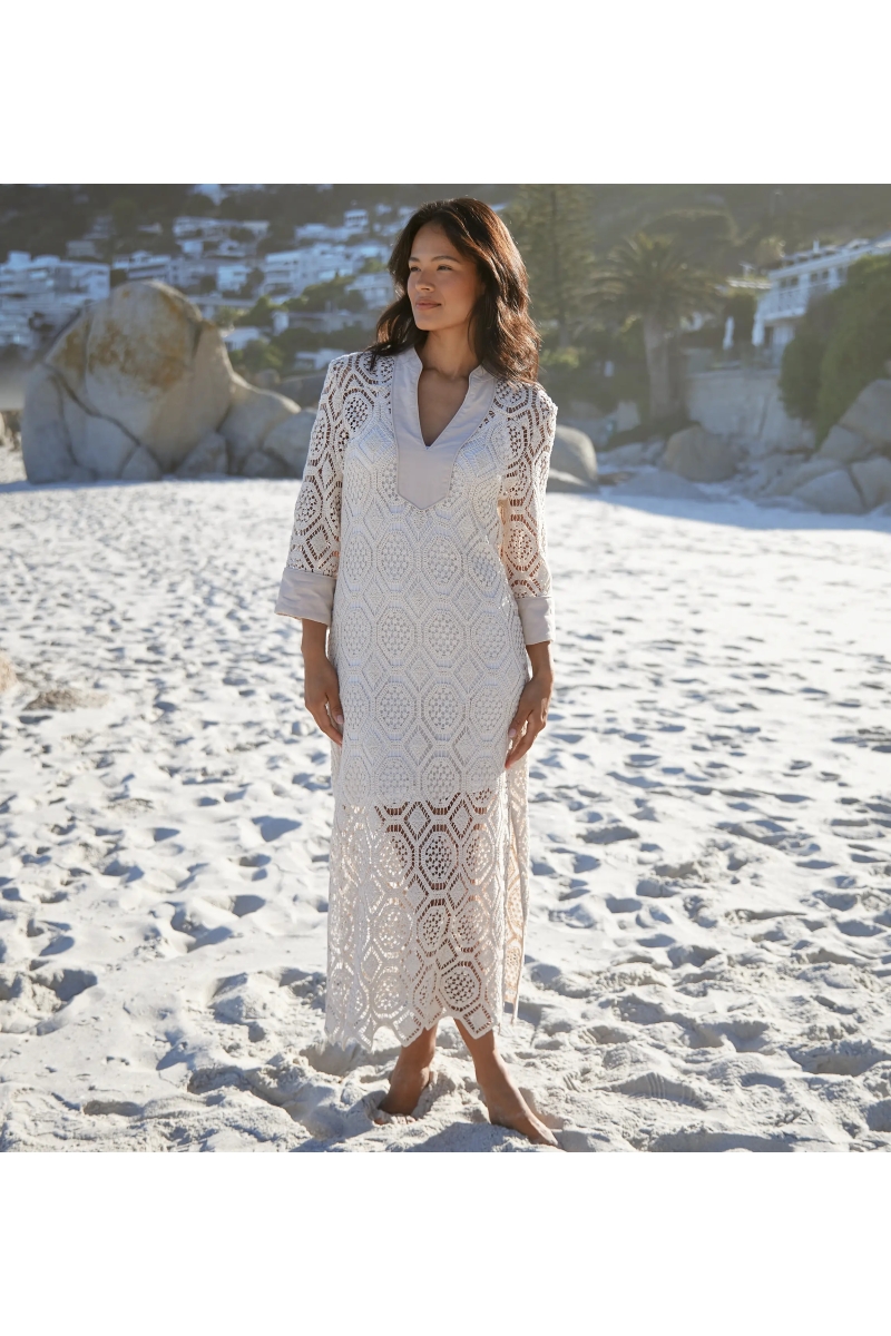 Robe Baley – Robe longue à manches longues avec doublure, en crochet de coton avec broderies, 100 % coton – Miss June Paris - 2