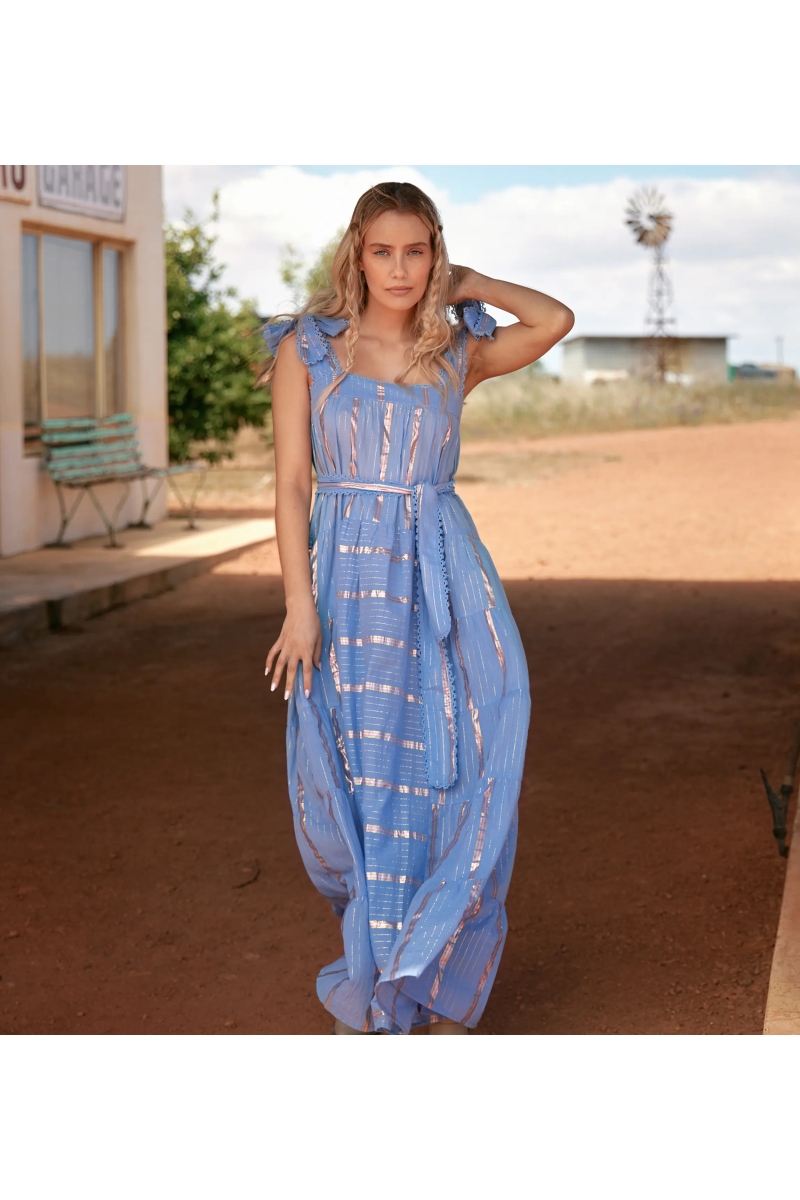 Miss June Paris — Maxikleid Aly aus gestreiftem Lurex-Baumwolle in Blau